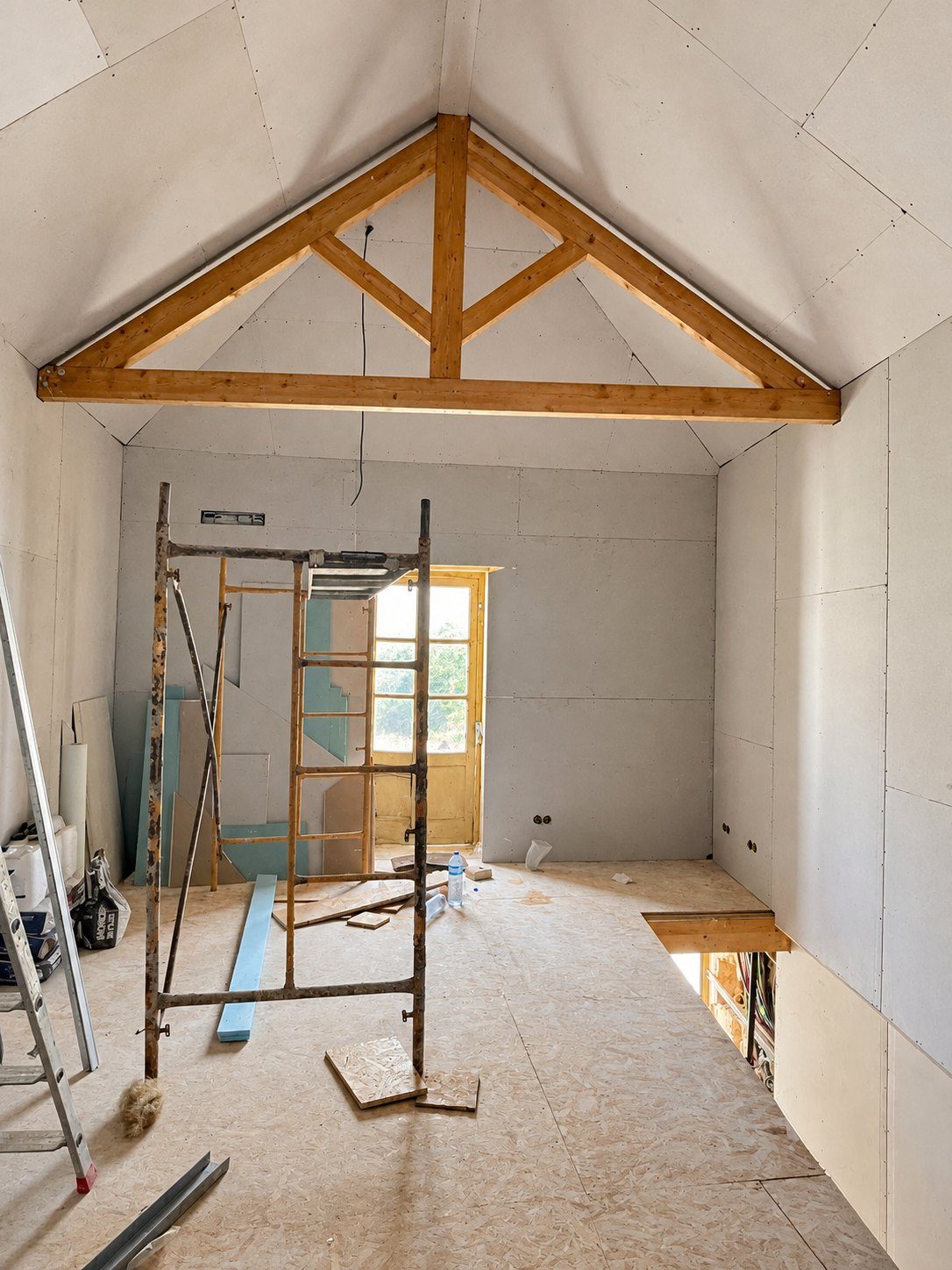 Timber trusses under the roof